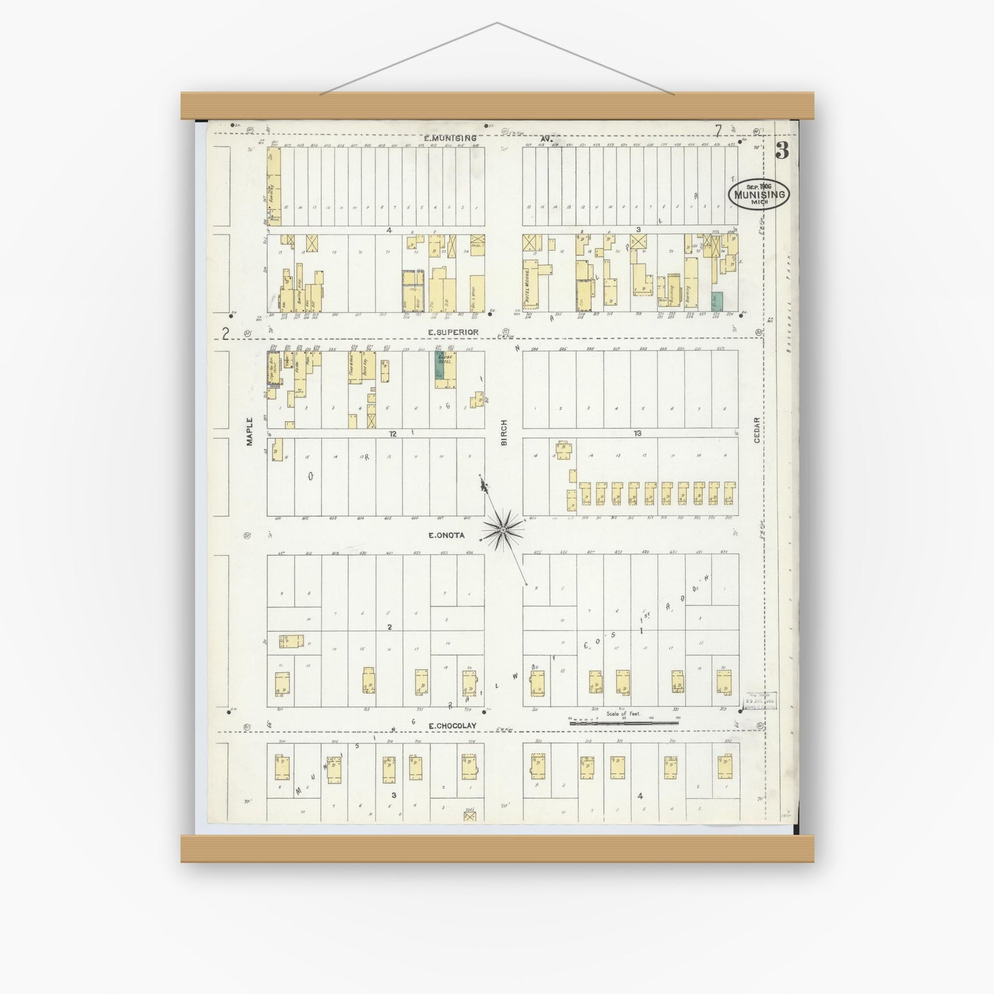 Old map wall art mockup — magnetic wood frame on white wall — Sanborn Fire Insurance Map from Munising, Alger County, Michigan (1906), Sheet #0003