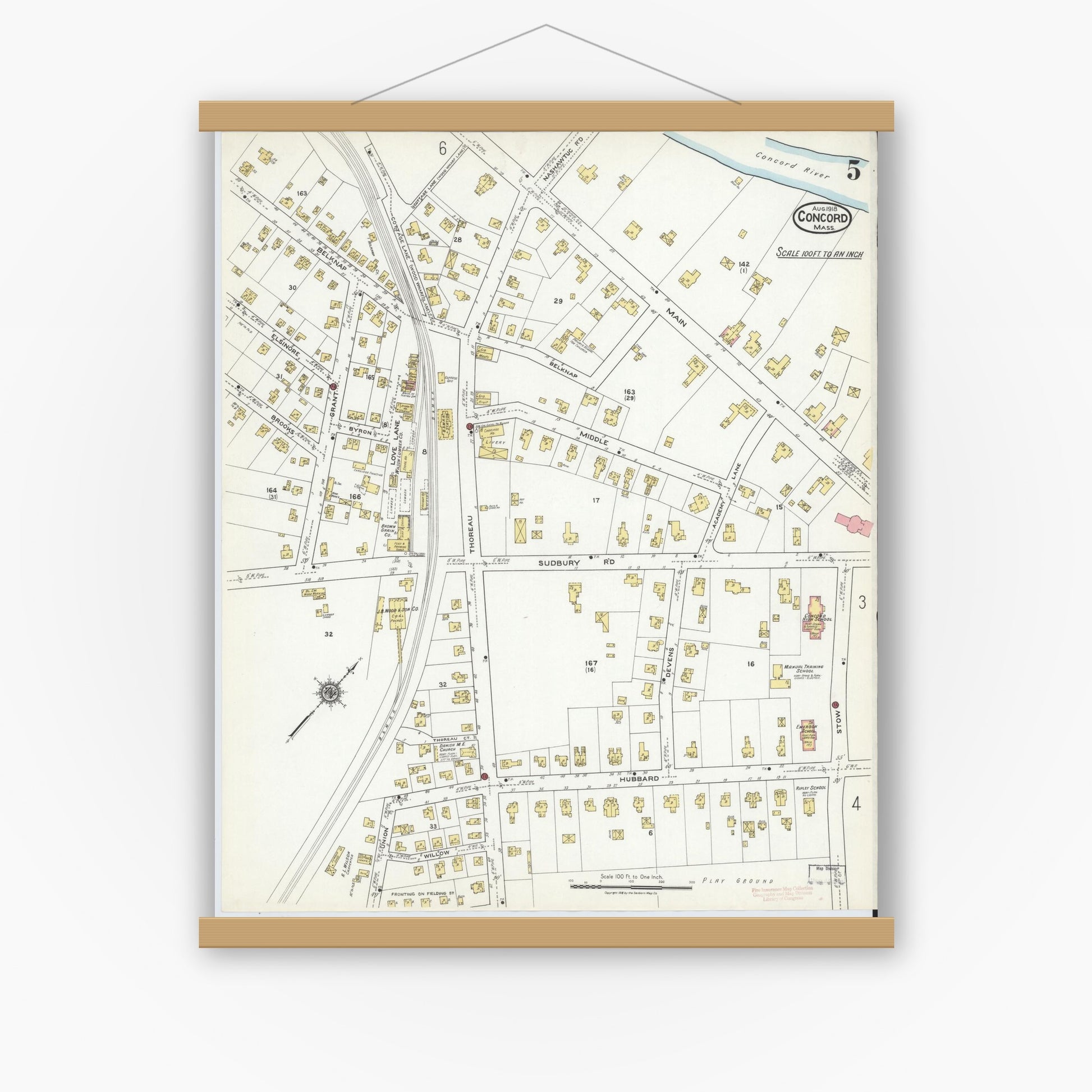 Old map wall art mockup — magnetic wood frame on white wall — Sanborn Fire Insurance Map from Concord, Middlesex County, Massachusetts (1918), Sheet #0005