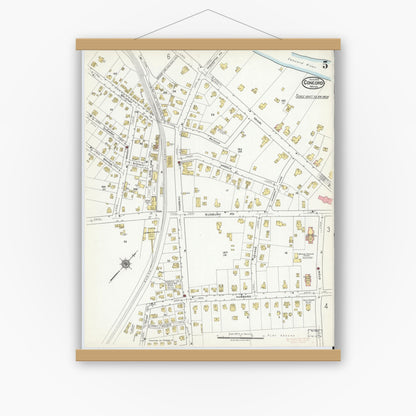Old map wall art mockup — magnetic wood frame on white wall — Sanborn Fire Insurance Map from Concord, Middlesex County, Massachusetts (1918), Sheet #0005