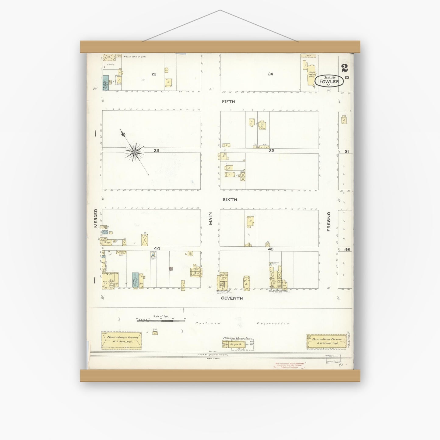 Old map wall art mockup — magnetic wood frame on white wall — Sanborn Fire Insurance Map from Fowler, Fresno County, California (1896), Sheet #0002