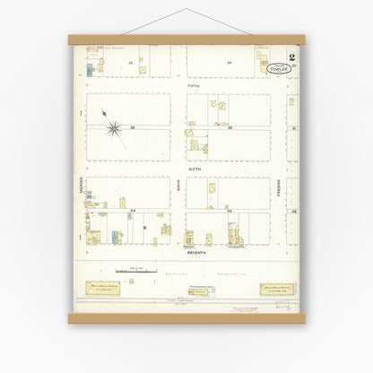 Old map wall art mockup — magnetic wood frame on white wall — Sanborn Fire Insurance Map from Fowler, Fresno County, California (1896), Sheet #0002