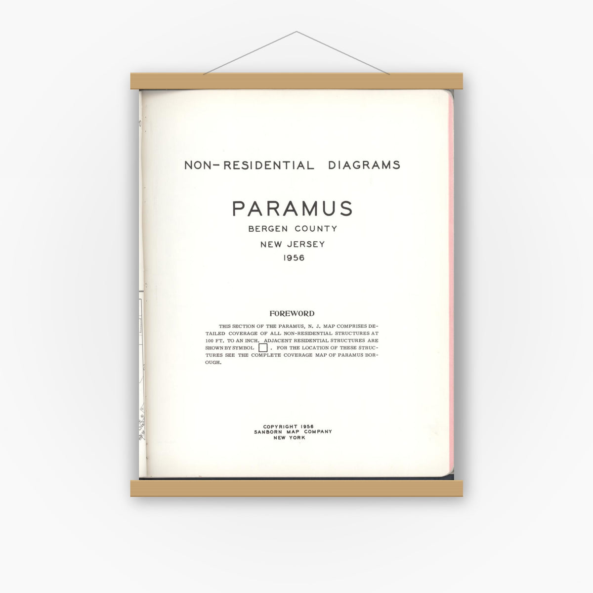 Old map wall art mockup — magnetic wood frame on white wall — Sanborn Fire Insurance Map from Paramus, Bergen County, New Jersey (1956), Sheet #0001
