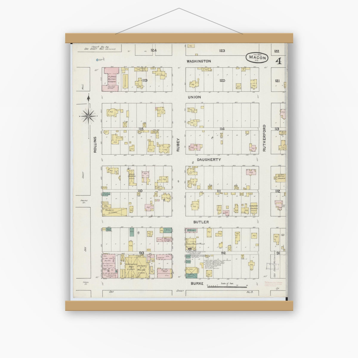 Old map wall art mockup — magnetic wood frame on white wall — Sanborn Fire Insurance Map from Macon, Macon County, Missouri (1890), Sheet #0004