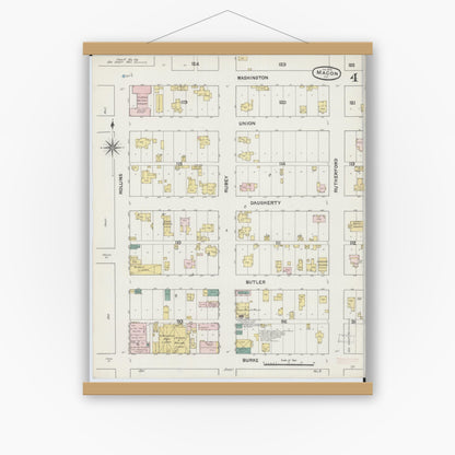 Old map wall art mockup — magnetic wood frame on white wall — Sanborn Fire Insurance Map from Macon, Macon County, Missouri (1890), Sheet #0004