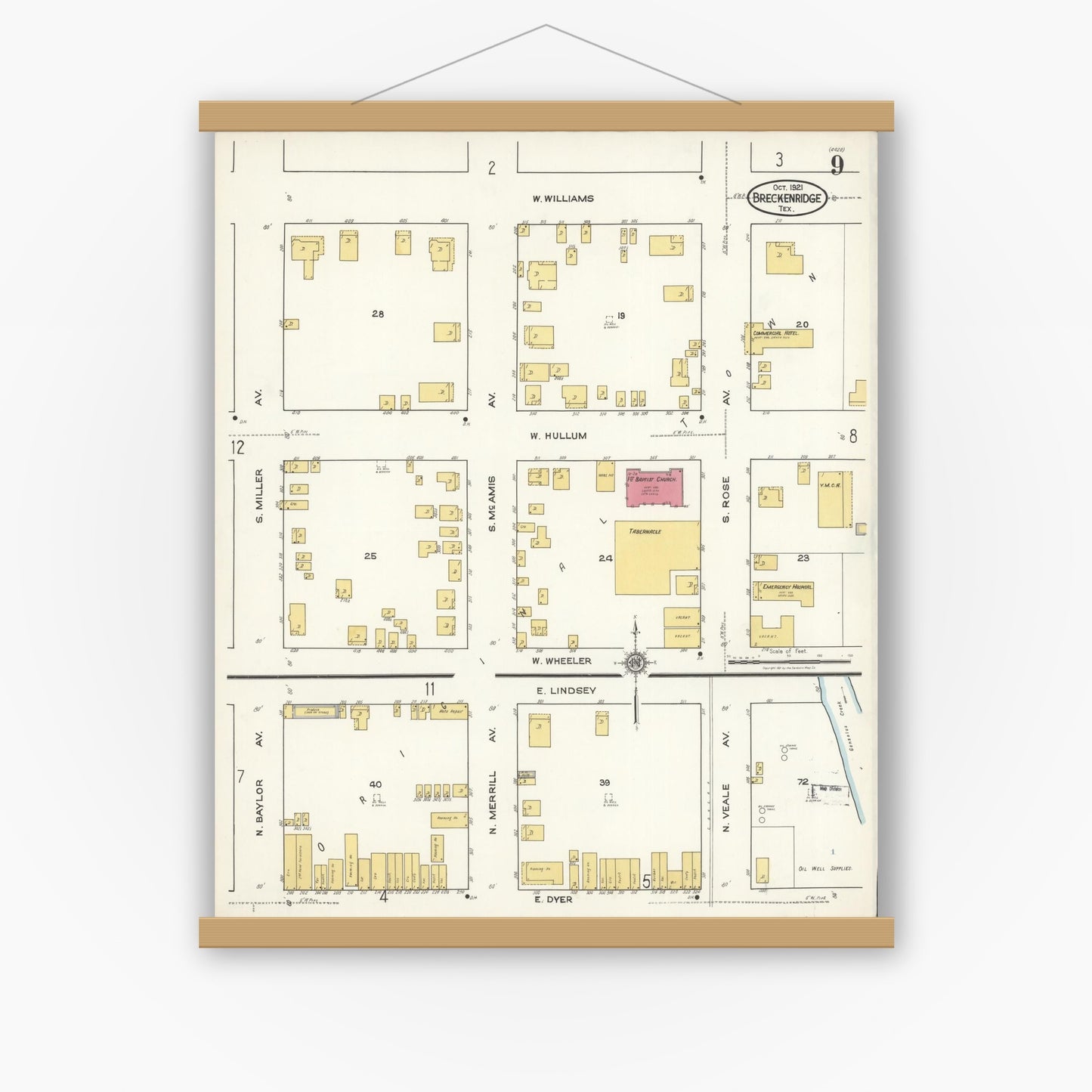 Old map wall art mockup — magnetic wood frame on white wall — Sanborn Fire Insurance Map from Breckenridge, Stephens County, Texas (1921), Sheet #0009