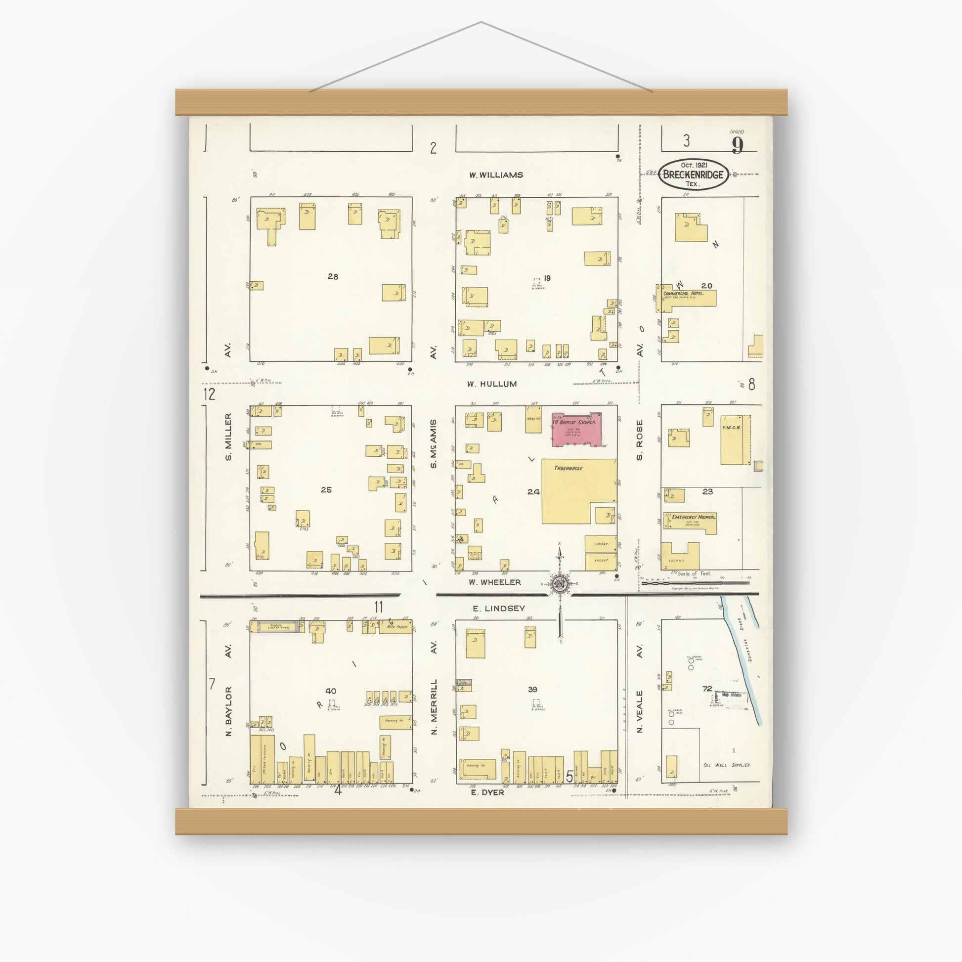Old map wall art mockup — magnetic wood frame on white wall — Sanborn Fire Insurance Map from Breckenridge, Stephens County, Texas (1921), Sheet #0009