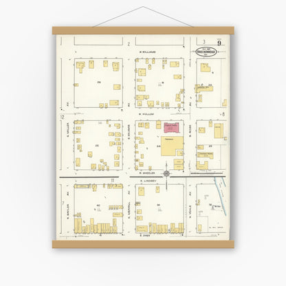 Old map wall art mockup — magnetic wood frame on white wall — Sanborn Fire Insurance Map from Breckenridge, Stephens County, Texas (1921), Sheet #0009
