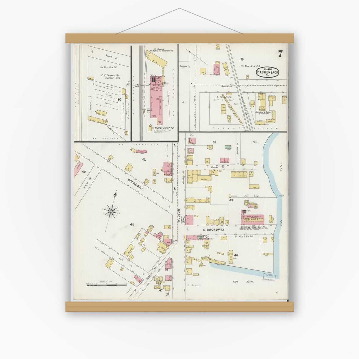 Old map wall art mockup — magnetic wood frame on white wall — Sanborn Fire Insurance Map from Hackensack, Bergen County, New Jersey (1896), Sheet #0007
