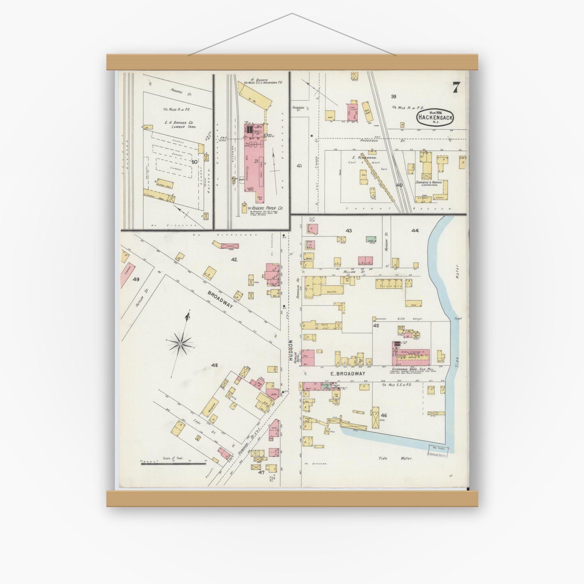 Old map wall art mockup — magnetic wood frame on white wall — Sanborn Fire Insurance Map from Hackensack, Bergen County, New Jersey (1896), Sheet #0007