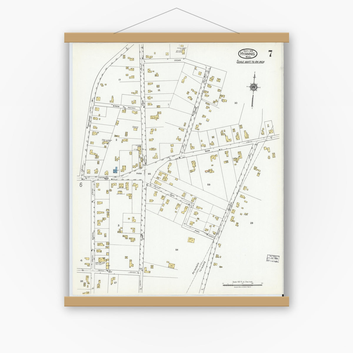 Old map wall art mockup — magnetic wood frame on white wall — Sanborn Fire Insurance Map from Hyannis, Barnstable County, Massachusetts (1919), Sheet #0007