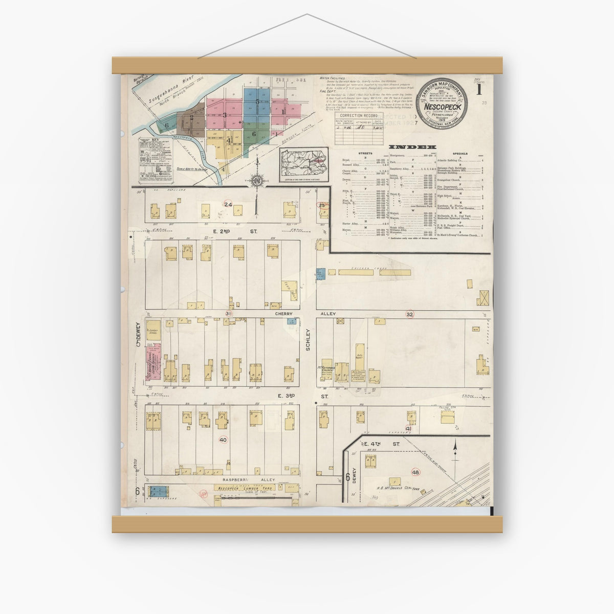 Old map wall art mockup — magnetic wood frame on white wall — Sanborn Fire Insurance Map from Nescopeck, Luzerne County, Pennsylvania (1936), Sheet #0001