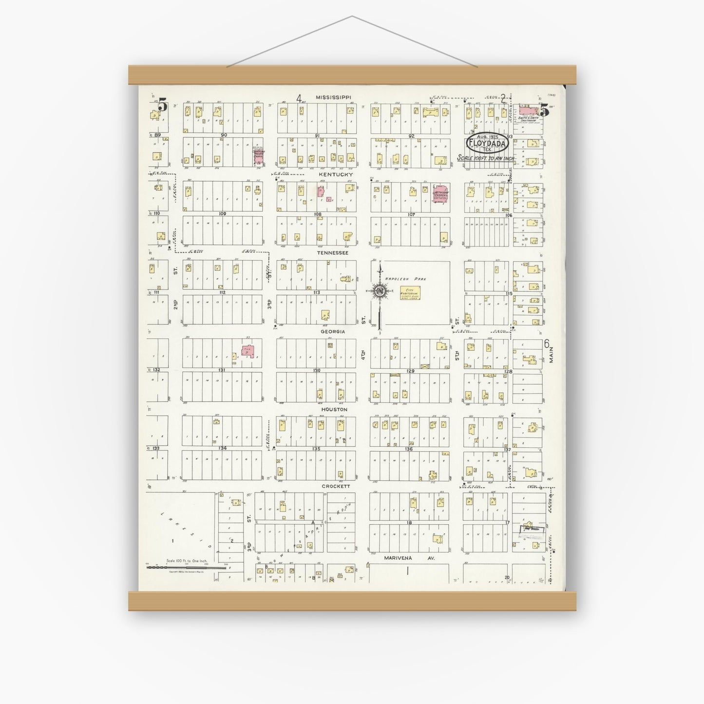 Old map wall art mockup — magnetic wood frame on white wall — Sanborn Fire Insurance Map from Floydada, Floyd County, Texas (1925), Sheet #0005