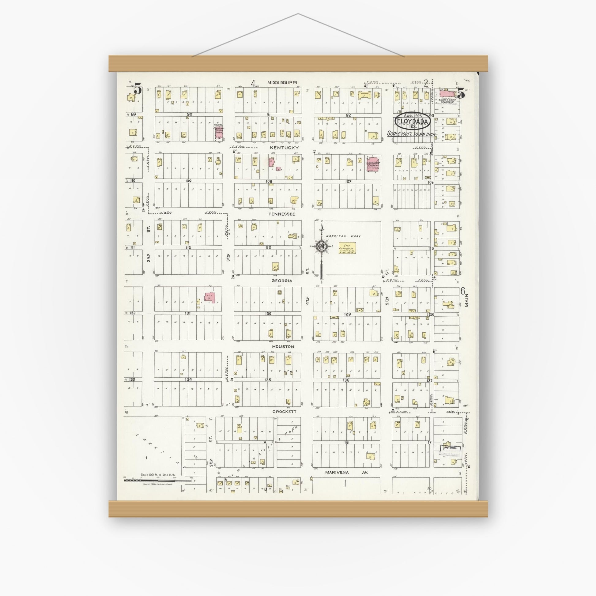 Old map wall art mockup — magnetic wood frame on white wall — Sanborn Fire Insurance Map from Floydada, Floyd County, Texas (1925), Sheet #0005