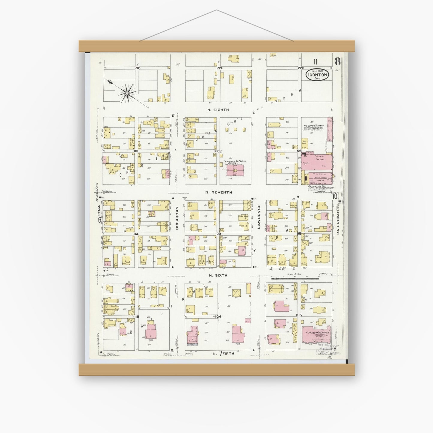 Old map wall art mockup — magnetic wood frame on white wall — Sanborn Fire Insurance Map from Ironton, Lawrence County, Ohio (1909), Sheet #0008
