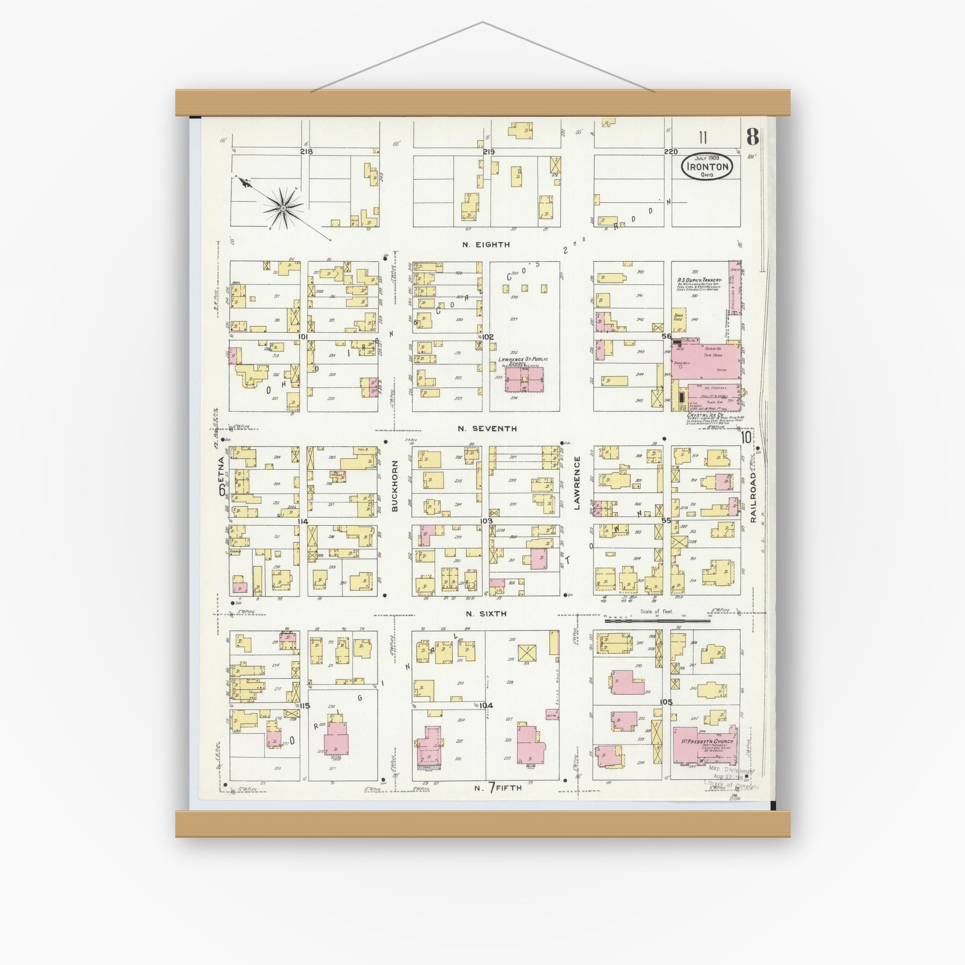 Old map wall art mockup — magnetic wood frame on white wall — Sanborn Fire Insurance Map from Ironton, Lawrence County, Ohio (1909), Sheet #0008