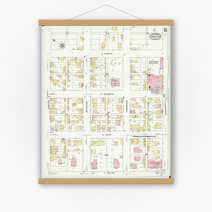 Old map wall art mockup — magnetic wood frame on white wall — Sanborn Fire Insurance Map from Ironton, Lawrence County, Ohio (1909), Sheet #0008