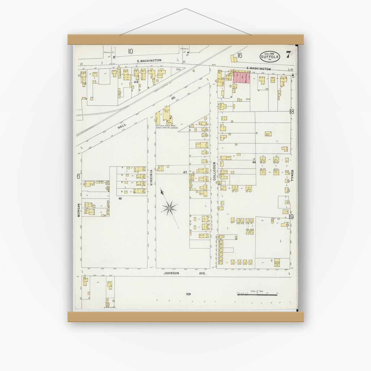 Old map wall art mockup — magnetic wood frame on white wall — Sanborn Fire Insurance Map from Suffolk, Independent Cities, Virginia (1898), Sheet #0007