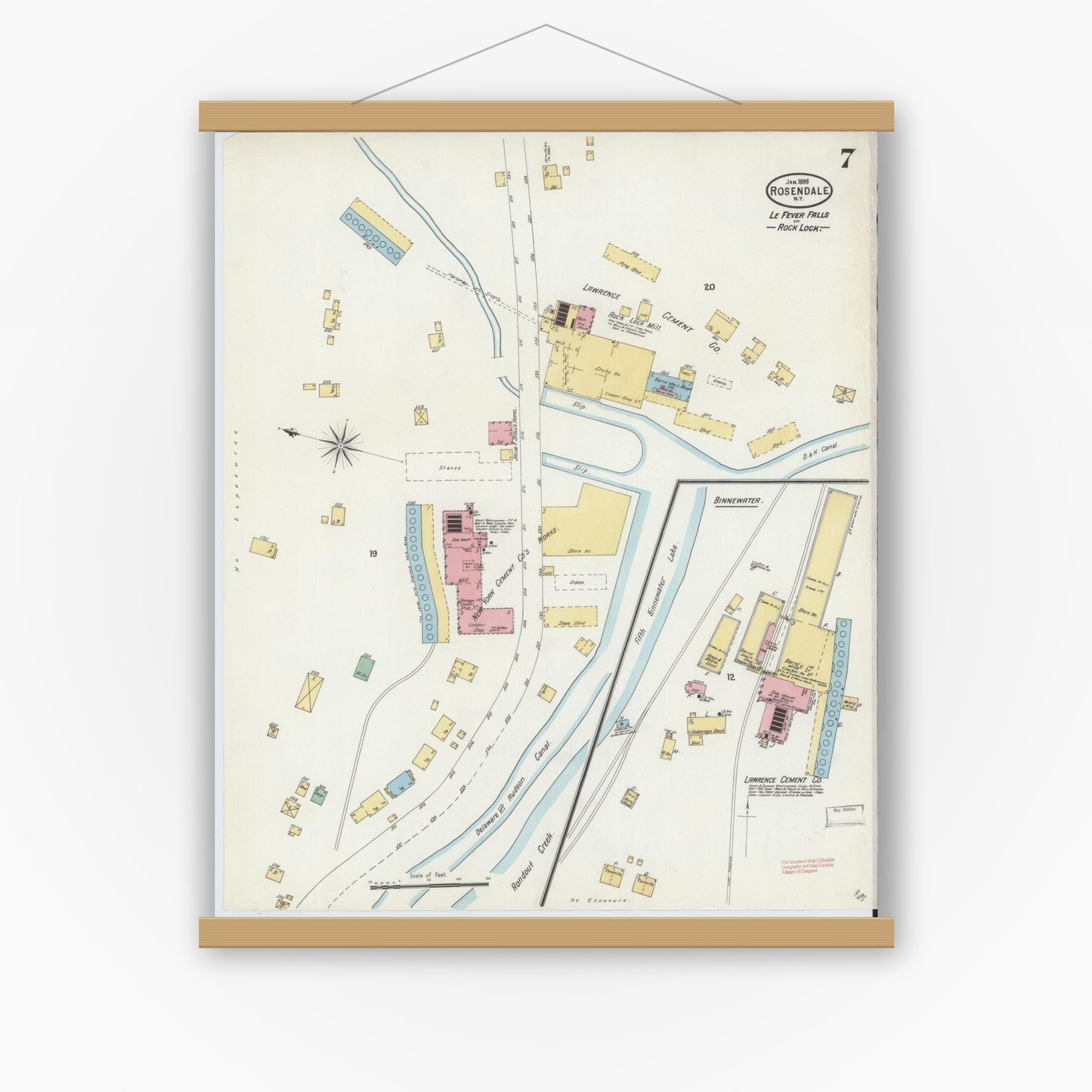Old map wall art mockup — magnetic wood frame on white wall — Sanborn Fire Insurance Map from Rosendale, Ulster County, New York (1898), Sheet #0007