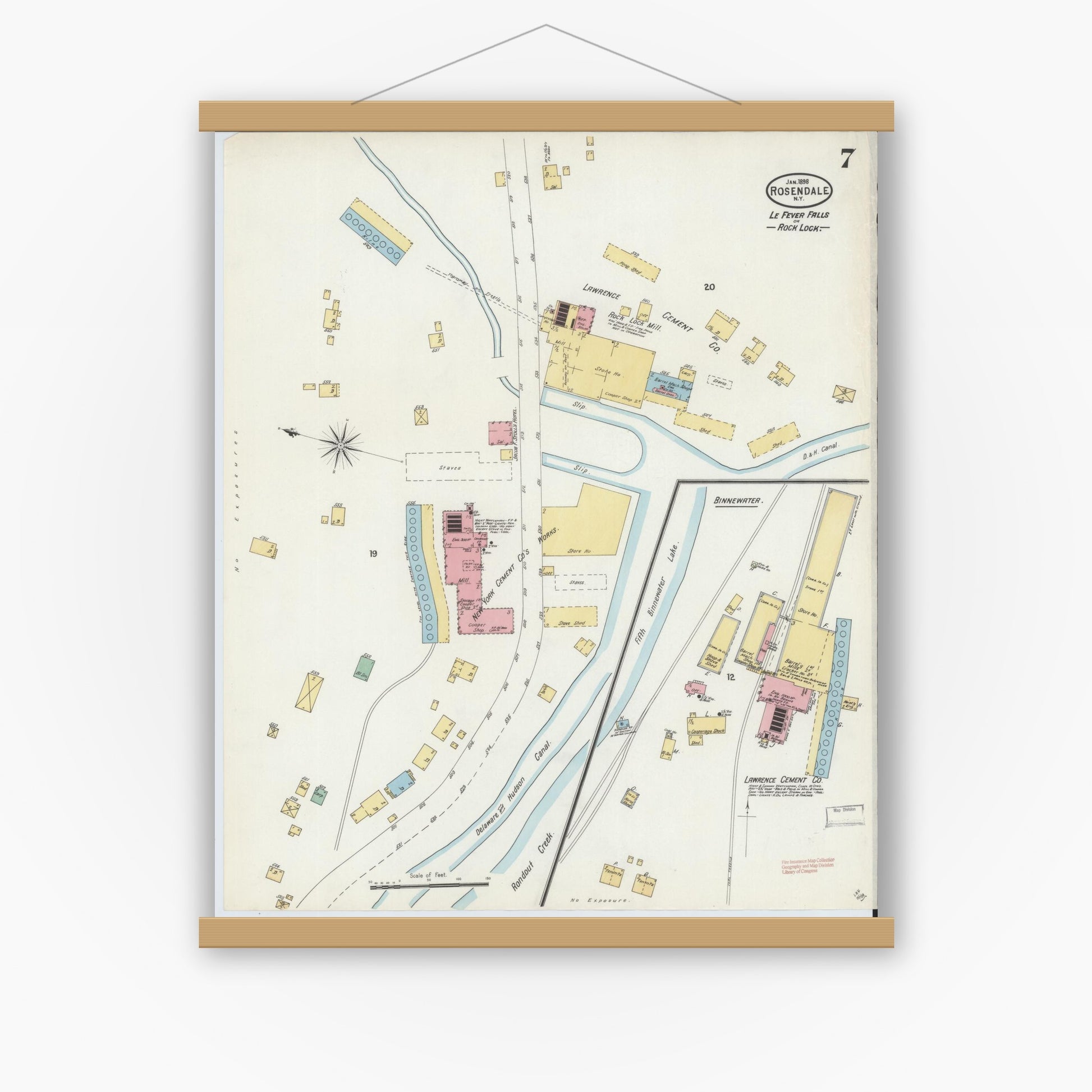 Old map wall art mockup — magnetic wood frame on white wall — Sanborn Fire Insurance Map from Rosendale, Ulster County, New York (1898), Sheet #0007