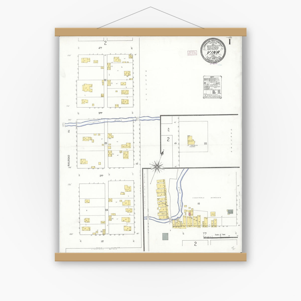 Old map wall art mockup — magnetic wood frame on white wall — Sanborn Fire Insurance Map from Vina, Tehama County, California (1909) - Complete Map Set