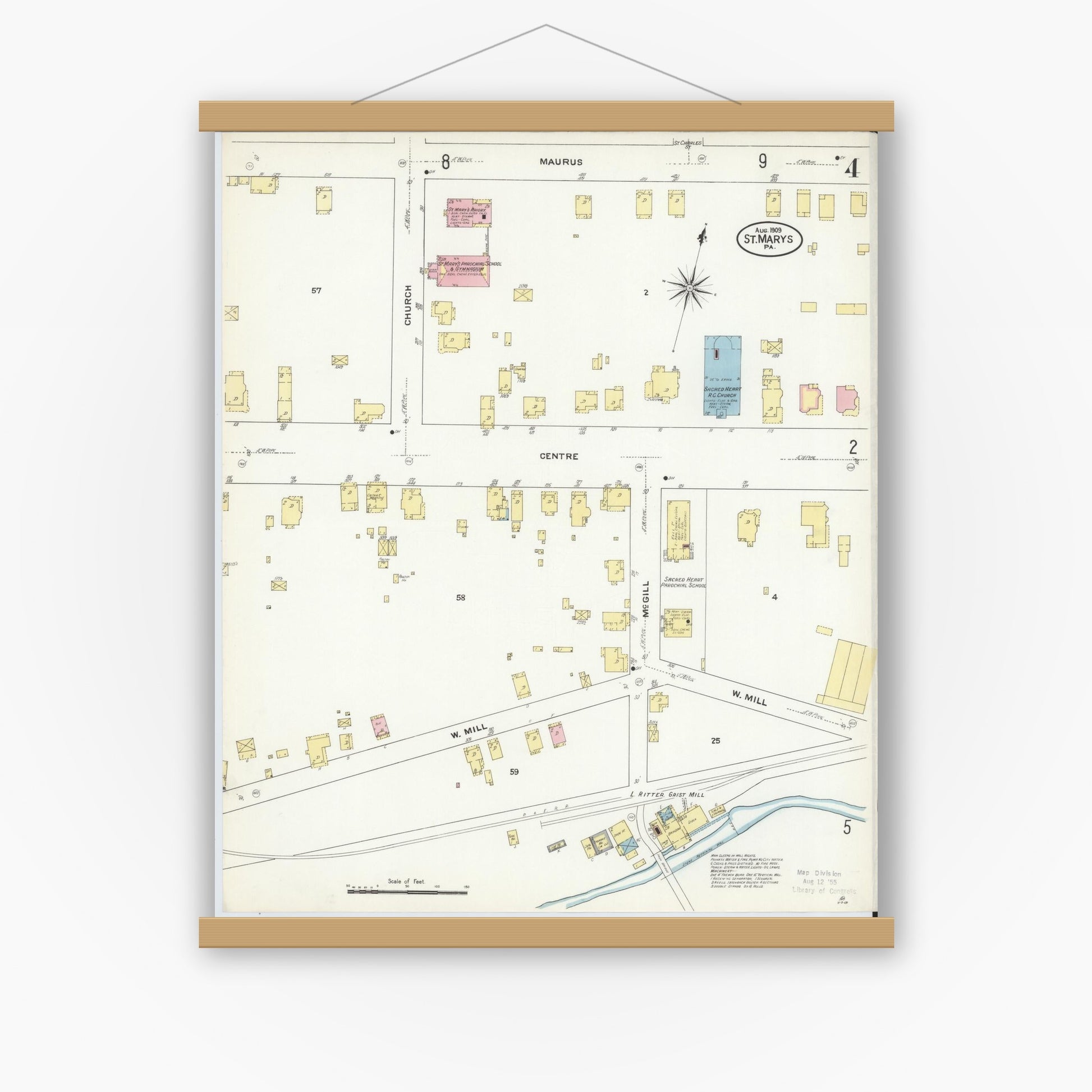 Old map wall art mockup — magnetic wood frame on white wall — Sanborn Fire Insurance Map from Saint Marys, Elk County, Pennsylvania (1909), Sheet #0004