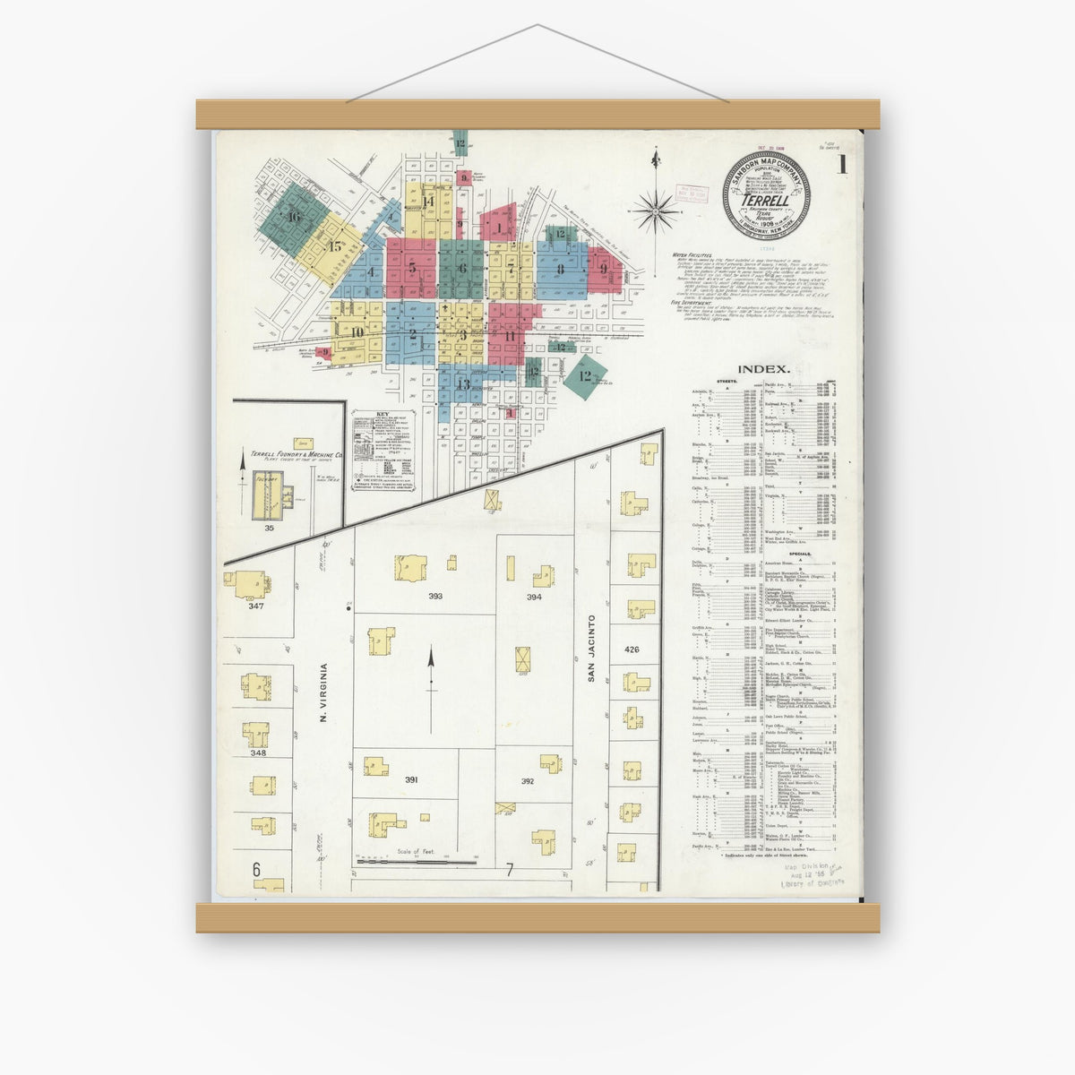 Old map wall art mockup — magnetic wood frame on white wall — Sanborn Fire Insurance Map from Terrell, Kaufman County, Texas (1909) - Complete Map Set