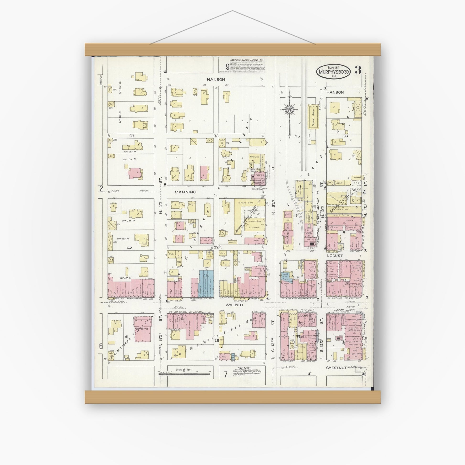Old map wall art mockup — magnetic wood frame on white wall — Sanborn Fire Insurance Map from Murphysboro, Jackson County, Illinois (1914), Sheet #0003