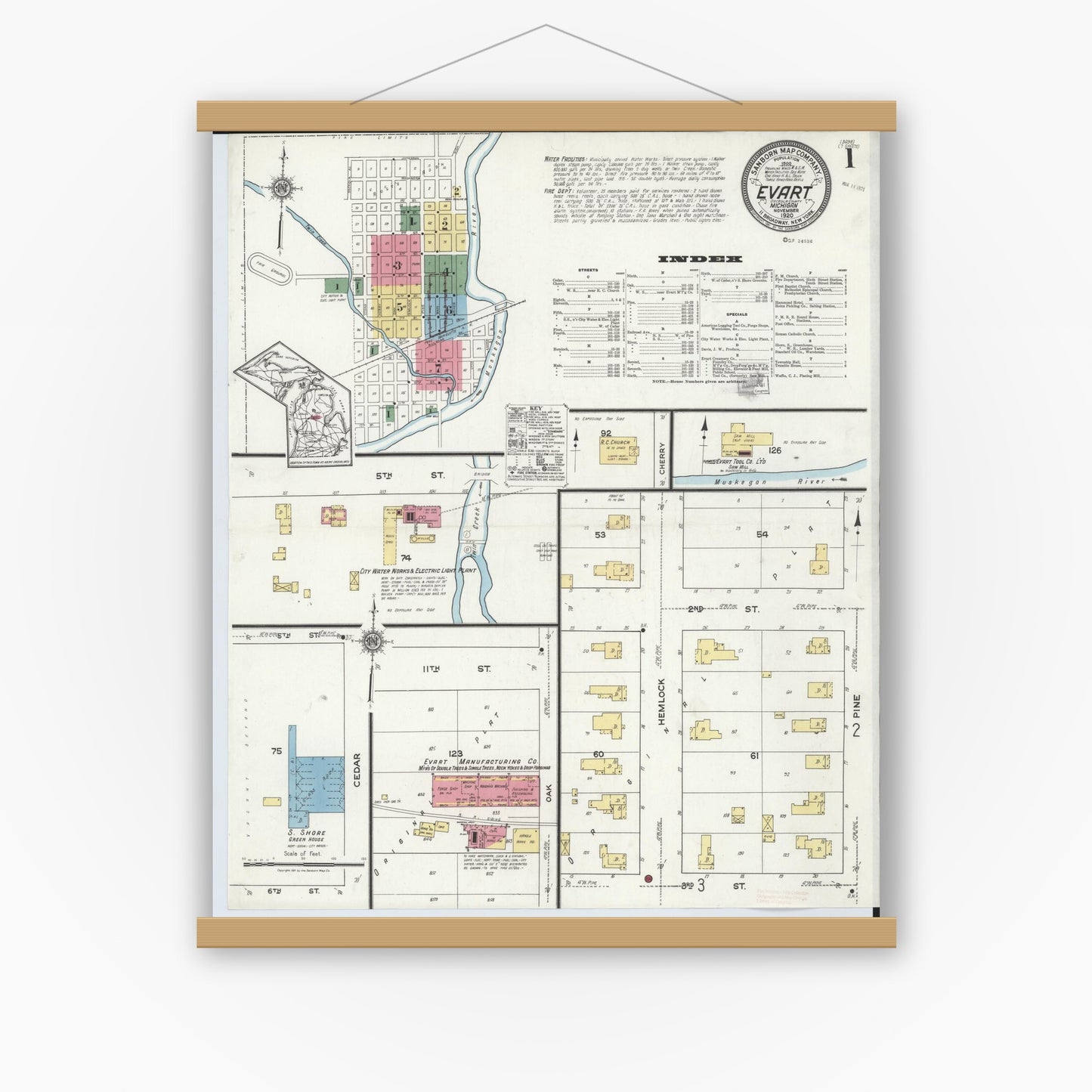 Old map wall art mockup — magnetic wood frame on white wall — Sanborn Fire Insurance Map from Evart, Osceola County, Michigan (1920) - Complete Map Set