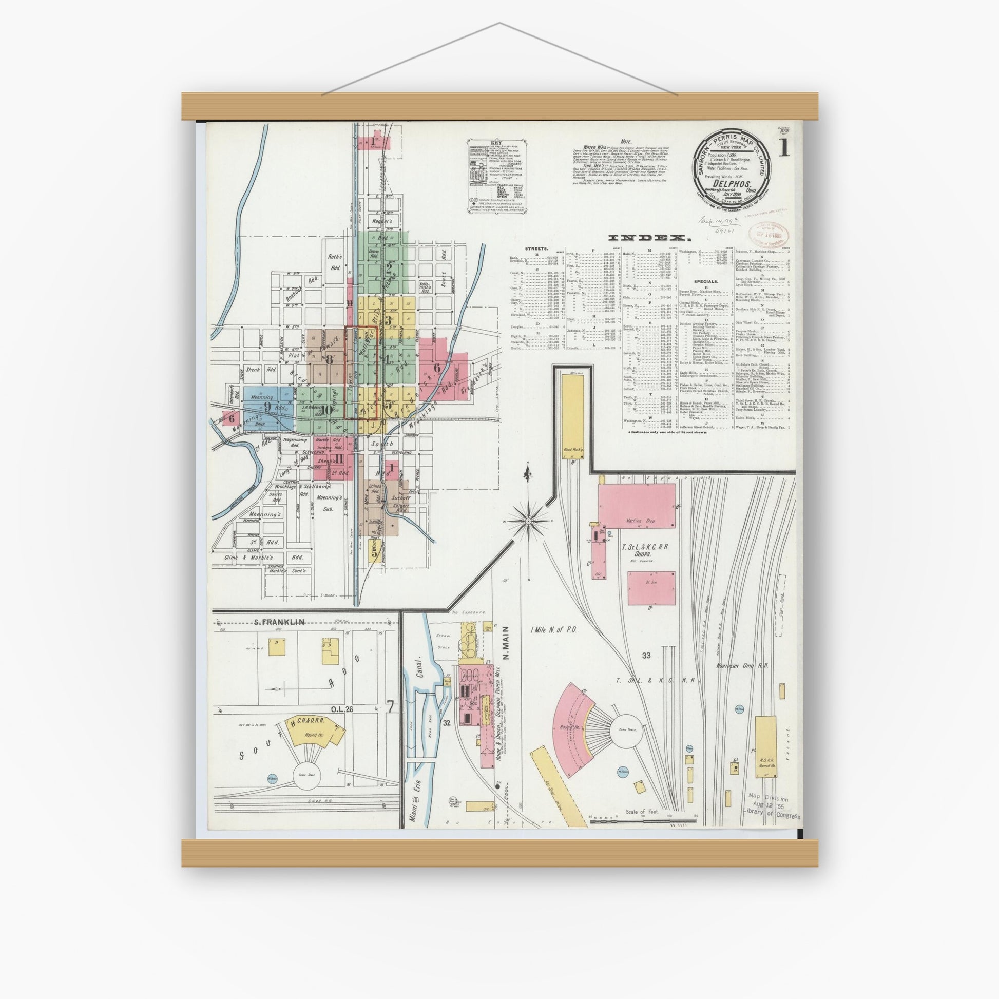 Old map wall art mockup — magnetic wood frame on white wall — Sanborn Fire Insurance Map from Delphos, Van Wert And Allen Counties, Ohio (1899), Sheet #0001