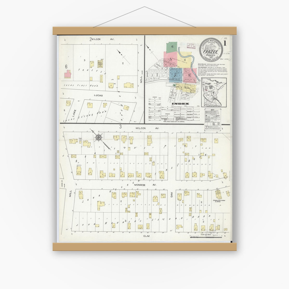 Old map wall art mockup — magnetic wood frame on white wall — Sanborn Fire Insurance Map from Frazee, Becker County, Minnesota (1914) - Complete Map Set
