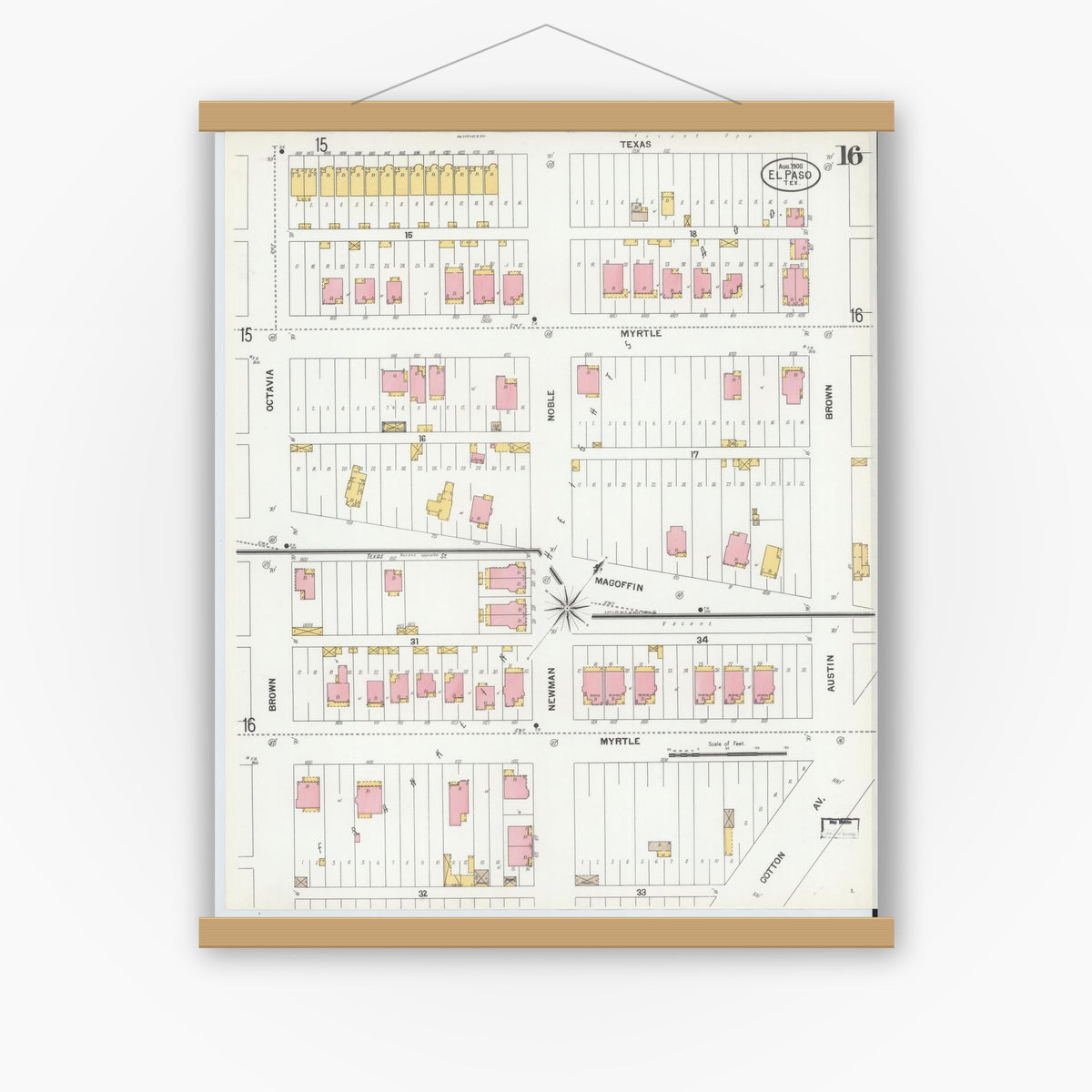 Old map wall art mockup — magnetic wood frame on white wall — Sanborn Fire Insurance Map from El Paso, El Paso County, Texas (1900), Sheet #0016