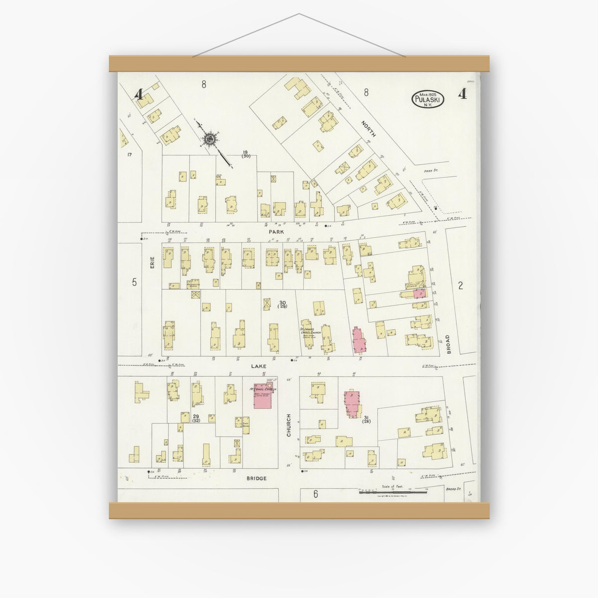 Old map wall art mockup — magnetic wood frame on white wall — Sanborn Fire Insurance Map from Pulaski, Oswego County, New York (1925), Sheet #0004