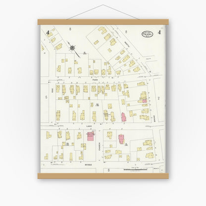 Old map wall art mockup — magnetic wood frame on white wall — Sanborn Fire Insurance Map from Pulaski, Oswego County, New York (1925), Sheet #0004