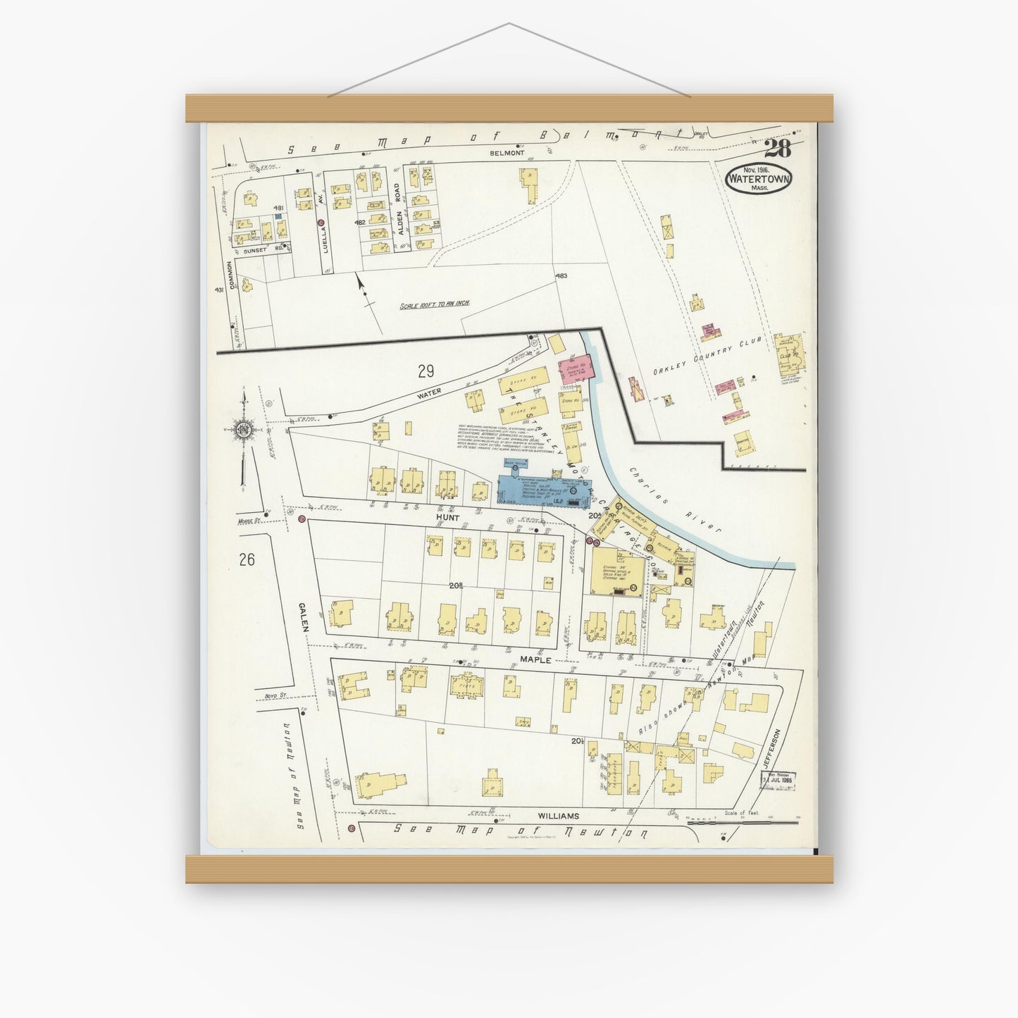 Old map wall art mockup — magnetic wood frame on white wall — Sanborn Fire Insurance Map from Watertown, Middlesex County, Massachusetts (1916), Sheet #0028