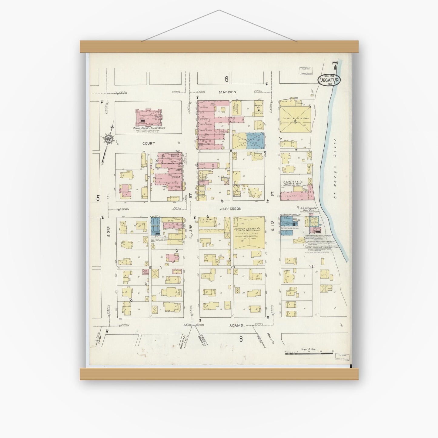Old map wall art mockup — magnetic wood frame on white wall — Sanborn Fire Insurance Map from Decatur, Adams County, Indiana (1914), Sheet #0007