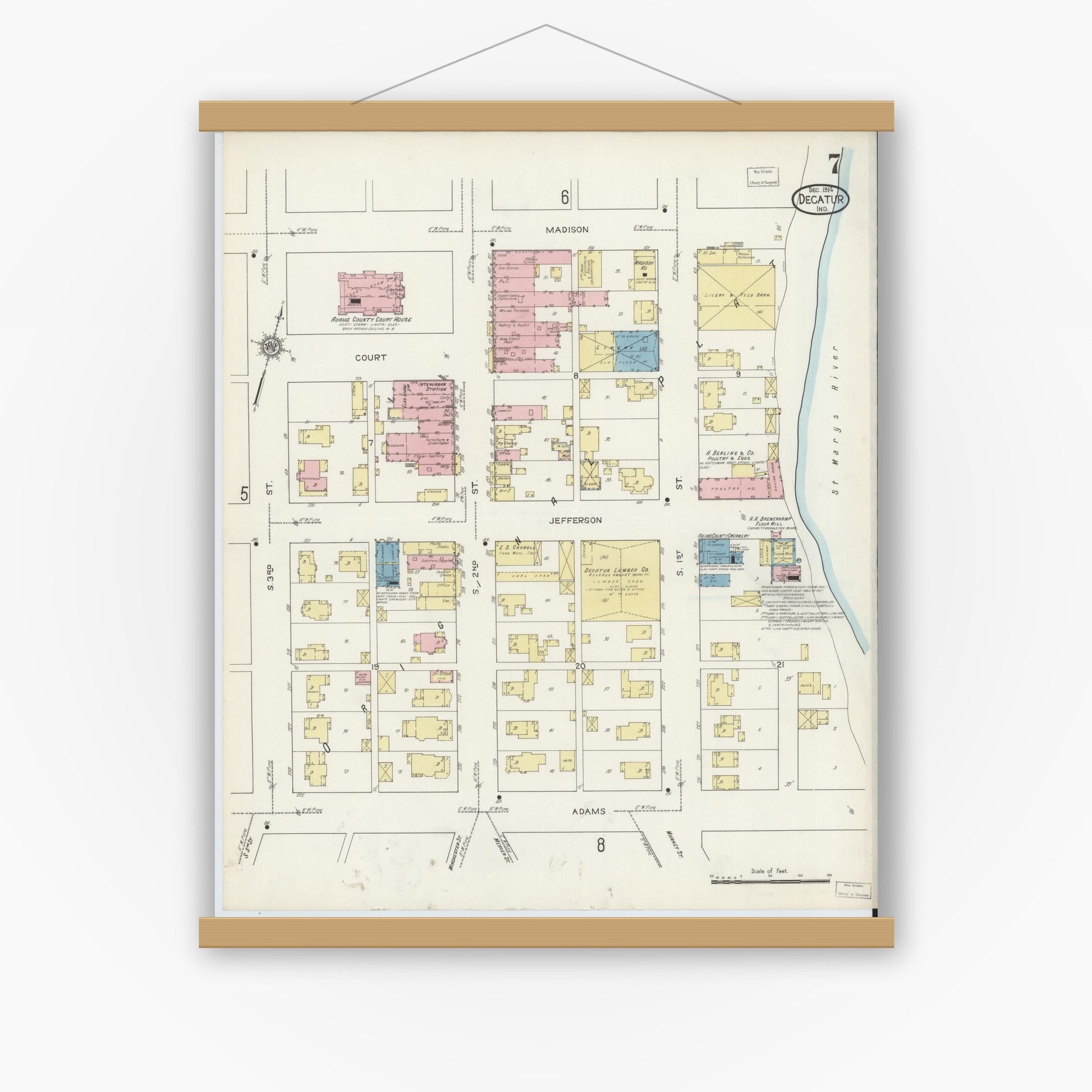 Old map wall art mockup — magnetic wood frame on white wall — Sanborn Fire Insurance Map from Decatur, Adams County, Indiana (1914), Sheet #0007