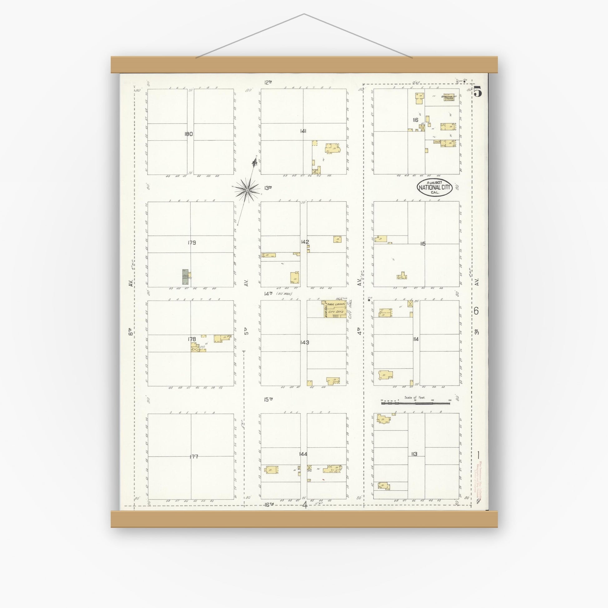 Old map wall art mockup — magnetic wood frame on white wall — Sanborn Fire Insurance Map from National City, San Diego County, California (1907), Sheet #0005