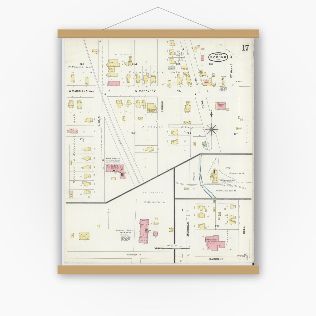 Old map wall art mockup — magnetic wood frame on white wall — Sanborn Fire Insurance Map from Kokomo, Howard County, Indiana (1896), Sheet #0017