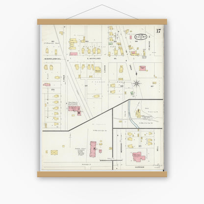 Old map wall art mockup — magnetic wood frame on white wall — Sanborn Fire Insurance Map from Kokomo, Howard County, Indiana (1896), Sheet #0017