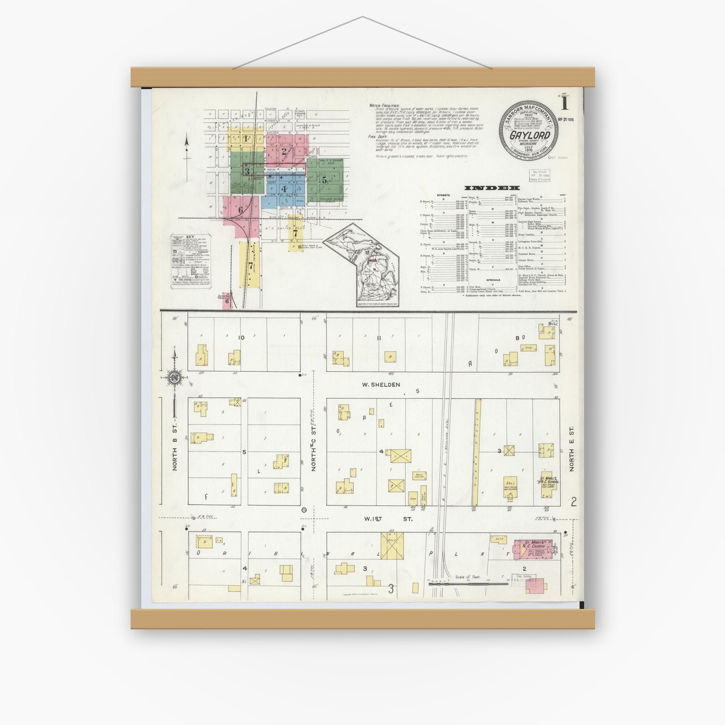 Old map wall art mockup — magnetic wood frame on white wall — Sanborn Fire Insurance Map from Gaylord, Otsego County, Michigan (1916) - Complete Map Set