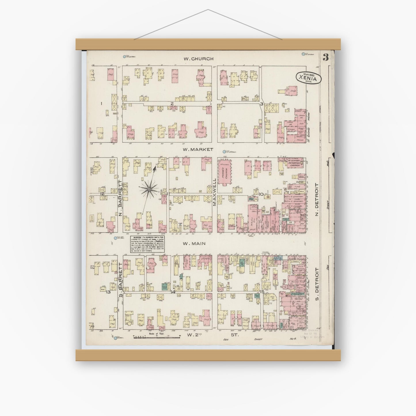 Old map wall art mockup — magnetic wood frame on white wall — Sanborn Fire Insurance Map from Xenia, Greene County, Ohio (1885), Sheet #0003