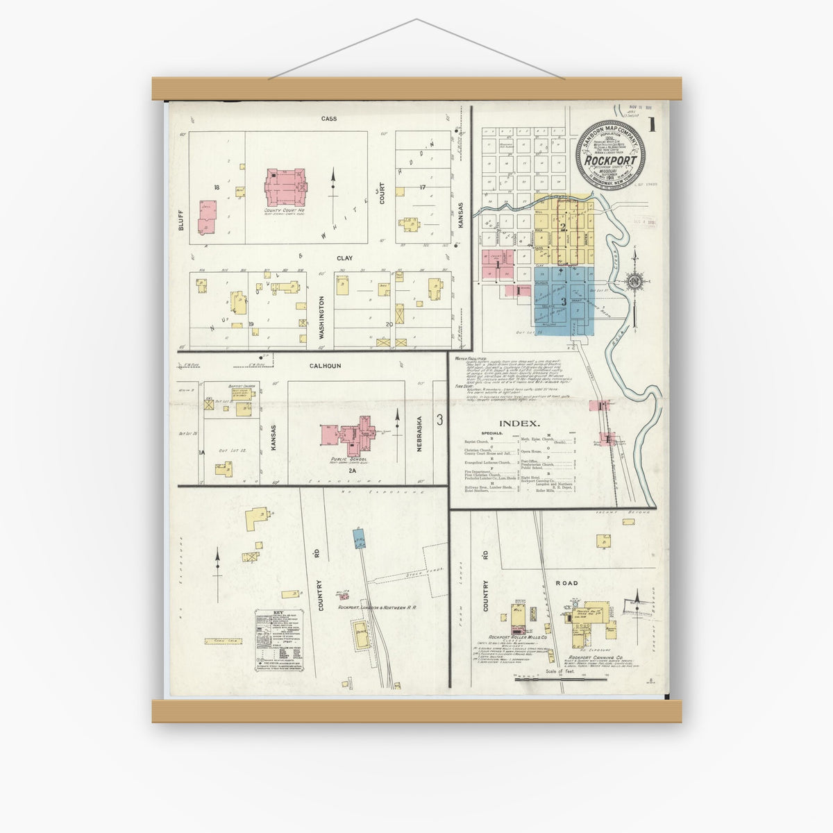 Old map wall art mockup — magnetic wood frame on white wall — Sanborn Fire Insurance Map from Rockport, Atchison County, Missouri (1911) - Complete Map Set