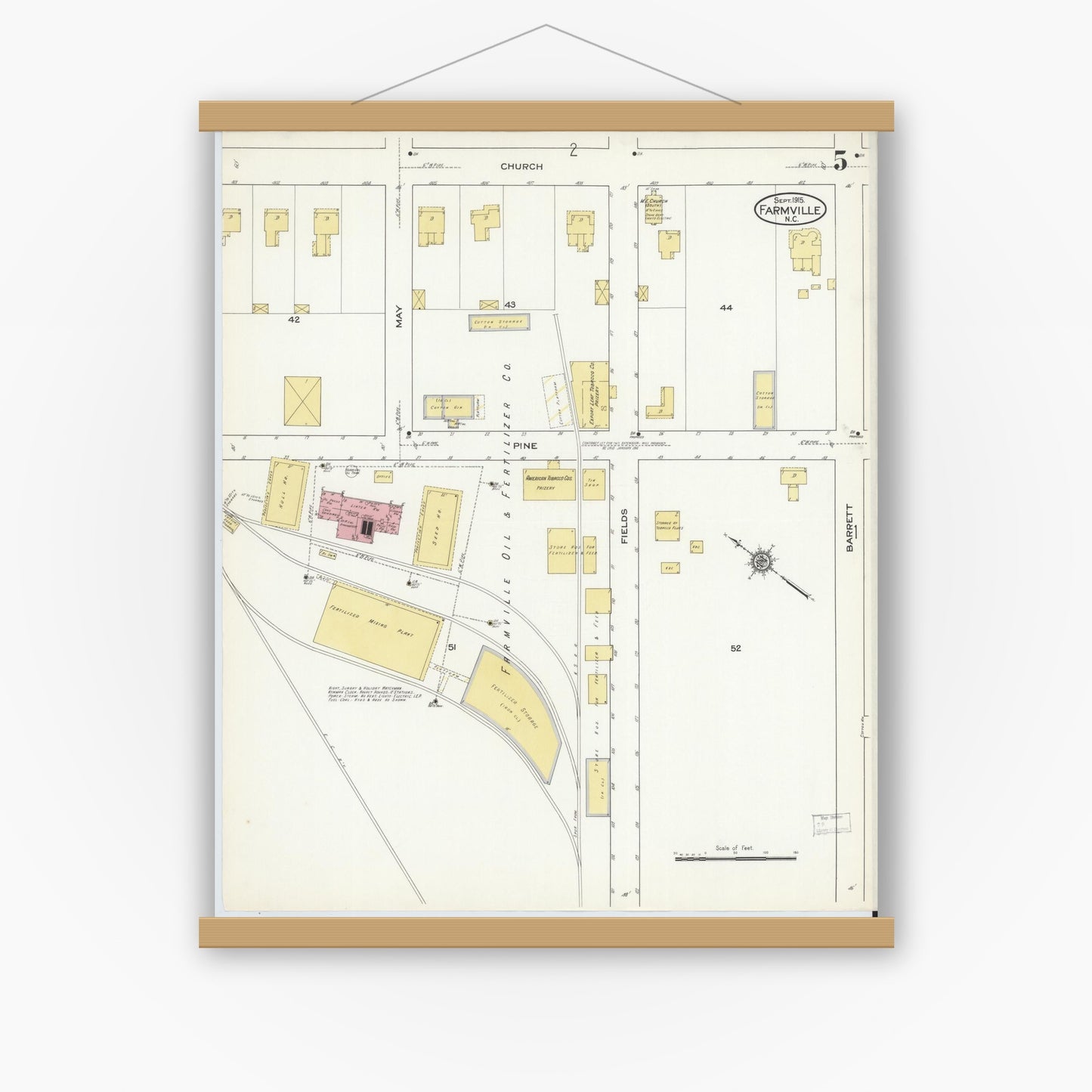 Old map wall art mockup — magnetic wood frame on white wall — Sanborn Fire Insurance Map from Farmville, Pitt County, North Carolina (1915), Sheet #0005