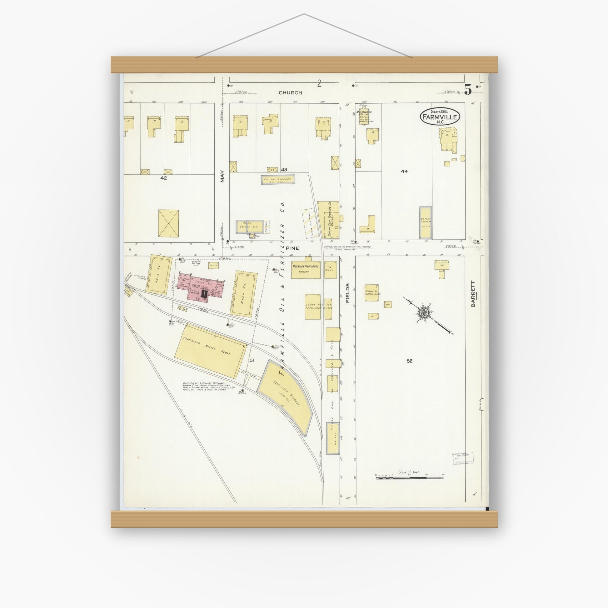 Old map wall art mockup — magnetic wood frame on white wall — Sanborn Fire Insurance Map from Farmville, Pitt County, North Carolina (1915), Sheet #0005