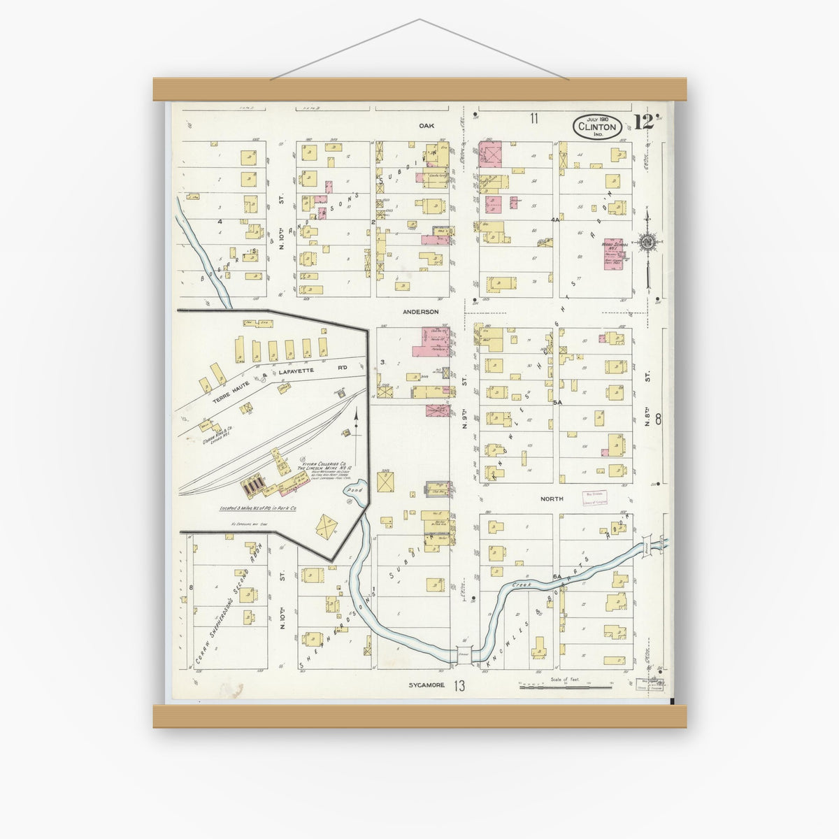 Old map wall art mockup — magnetic wood frame on white wall — Sanborn Fire Insurance Map from Clinton, Vermillion County, Indiana (1910), Sheet #0012