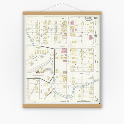 Old map wall art mockup — magnetic wood frame on white wall — Sanborn Fire Insurance Map from Clinton, Vermillion County, Indiana (1910), Sheet #0012