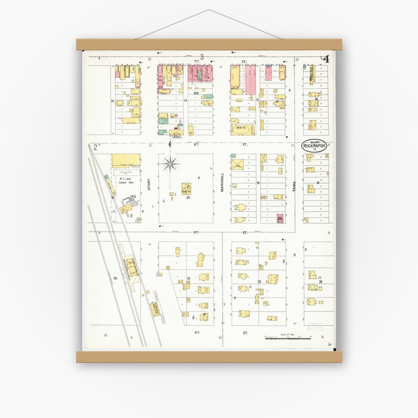 Old map wall art mockup — magnetic wood frame on white wall — Sanborn Fire Insurance Map from Rock Rapids, Lyon County, Iowa (1899), Sheet #0004