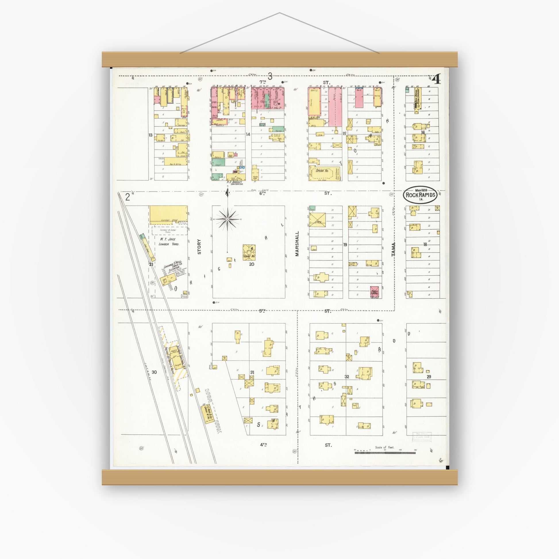 Old map wall art mockup — magnetic wood frame on white wall — Sanborn Fire Insurance Map from Rock Rapids, Lyon County, Iowa (1899), Sheet #0004