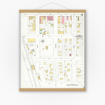 Old map wall art mockup — magnetic wood frame on white wall — Sanborn Fire Insurance Map from Rock Rapids, Lyon County, Iowa (1899), Sheet #0004