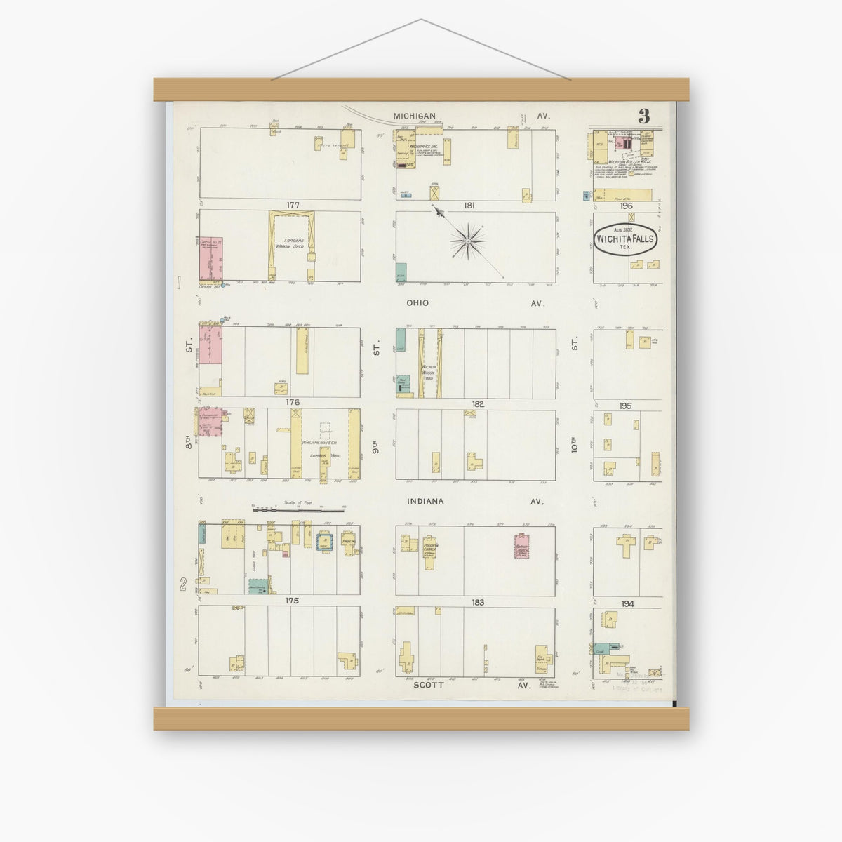 Old map wall art mockup — magnetic wood frame on white wall — Sanborn Fire Insurance Map from Wichita Falls, Wichita County, Texas (1892), Sheet #0003